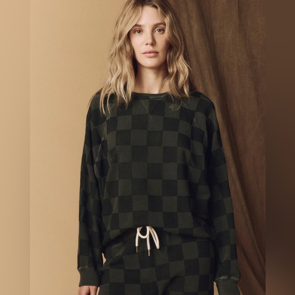 The Great. Hand Stamped Slouch Sweatshirt. Washed Black With Black Check